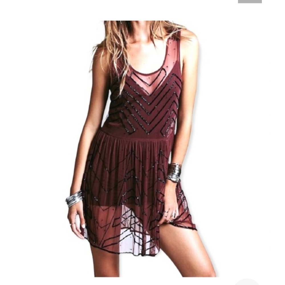 Free People Mauve Mesh Beaded Chevron Drop Waist Sleeveless Mini Dress Small